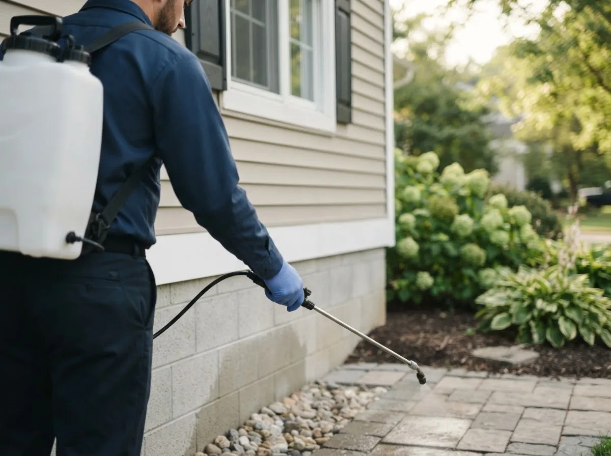 Pest control technician inspecting a home in Millinocket, ME